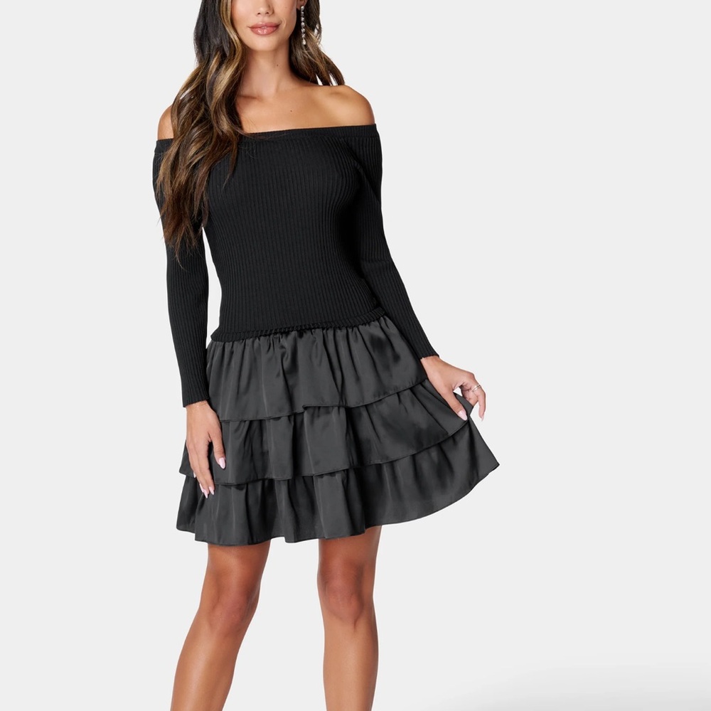 Bebe Black Off-Shoulder Tiered Long Sleeve Dress